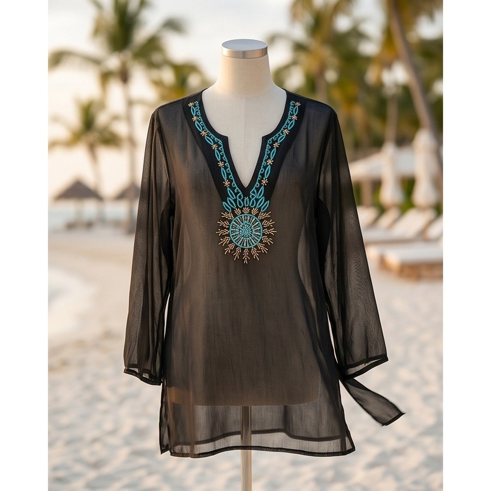 Look Nazaar‎ L Black Sheer Beaded Kaftan Tunic Swimsuit Cover Up Top Large
